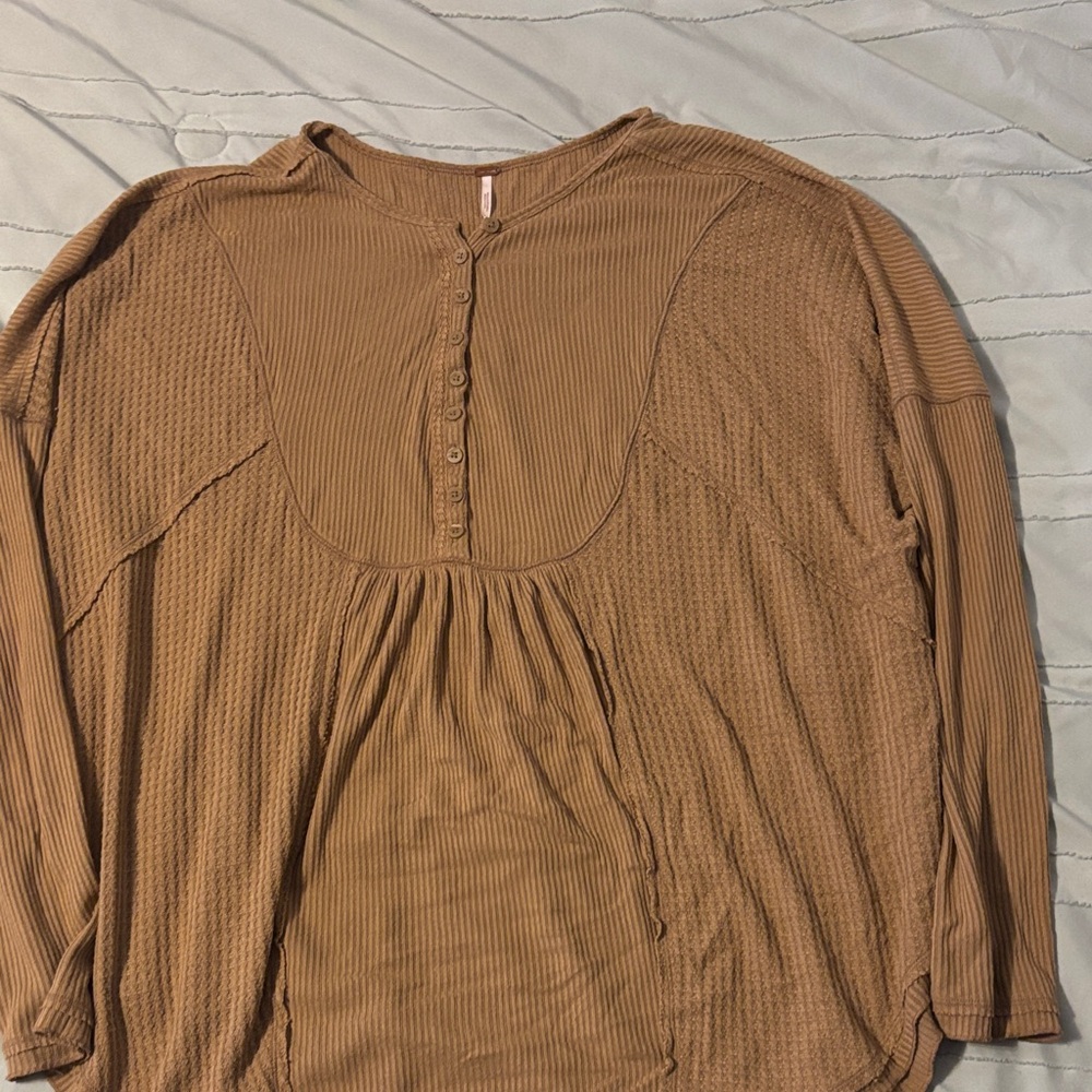 Free People Tan Ribbed Long Sleeve Top